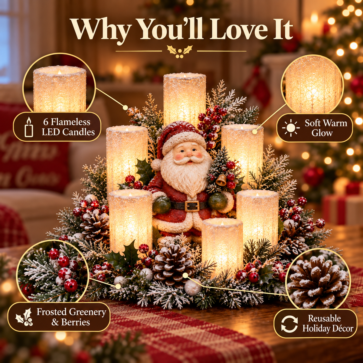 🌲Christmas Lighted Centerpiece with Flameless Candle Glow