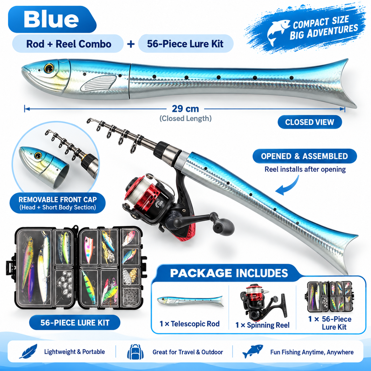🐟 Fish-Shaped 1.6m Mini Fishing Rod Combo 🎣 Pocket Portable Rod + Spinning Reel Set for Ice & Bank Fishing 🌊
