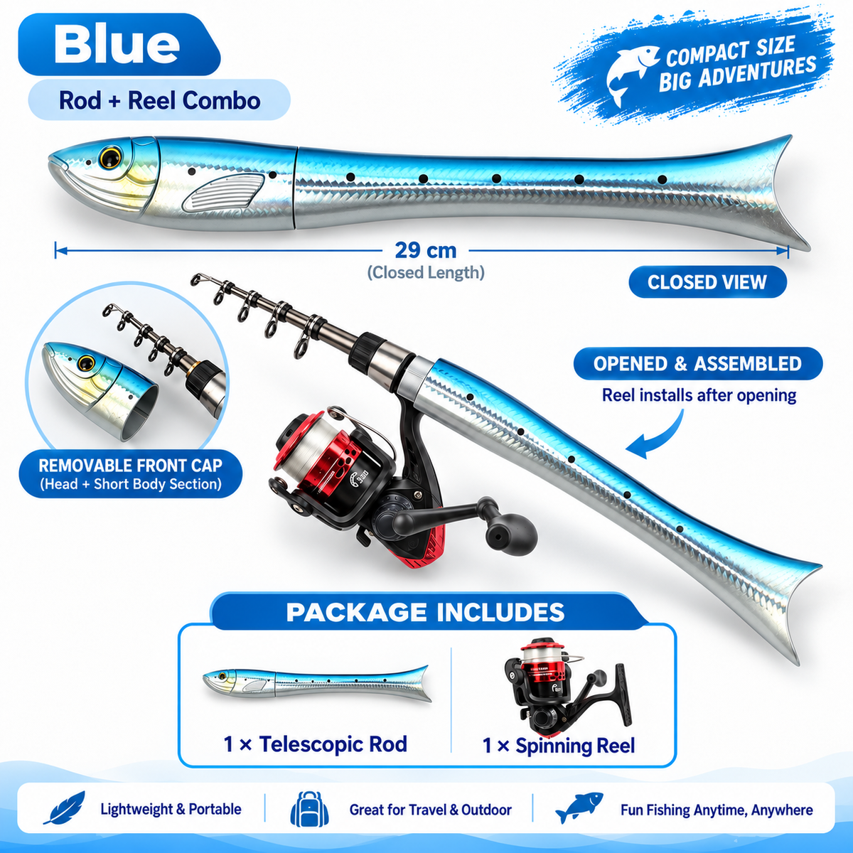 🐟 Fish-Shaped 1.6m Mini Fishing Rod Combo 🎣 Pocket Portable Rod + Spinning Reel Set for Ice & Bank Fishing 🌊