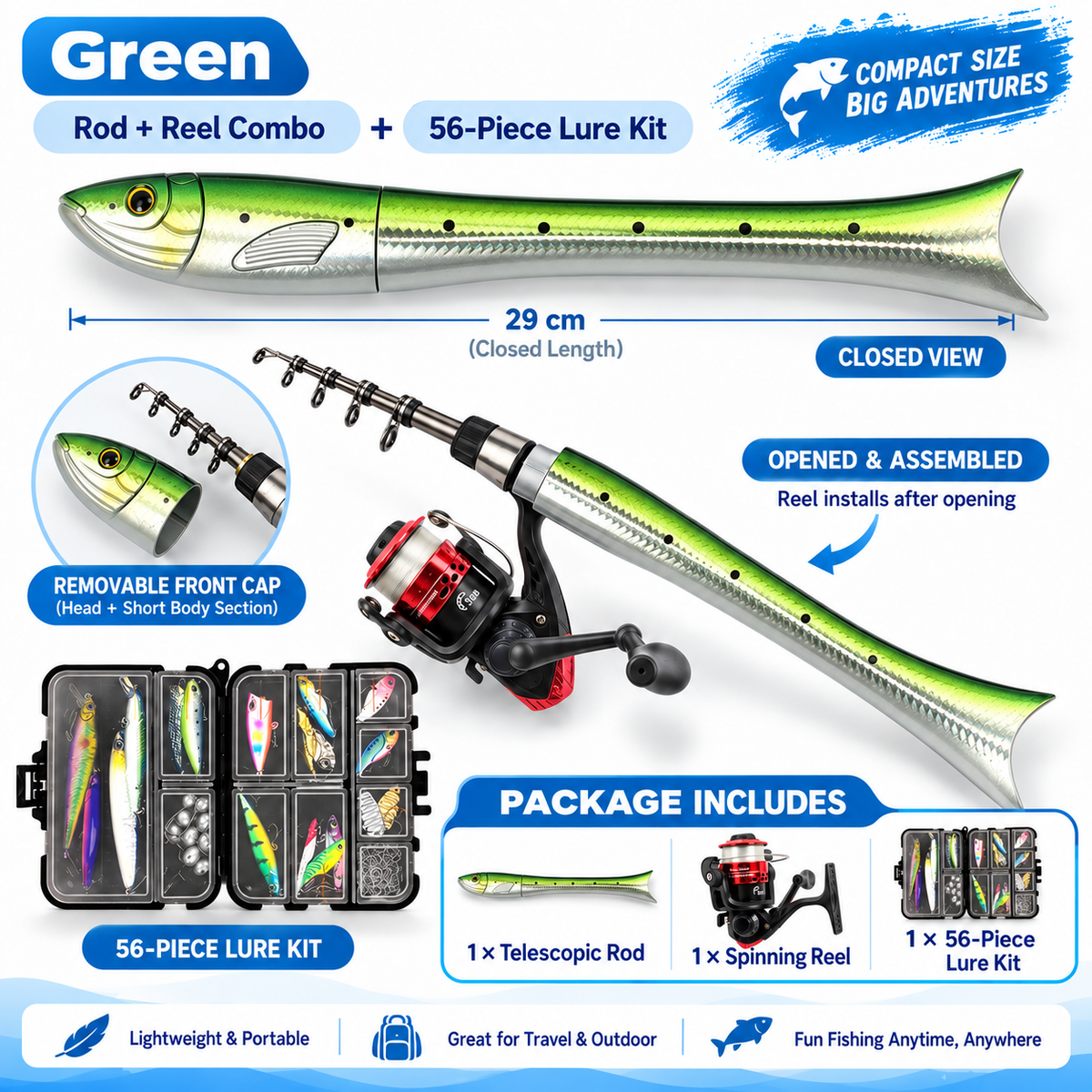 🐟 Fish-Shaped 1.6m Mini Fishing Rod Combo 🎣 Pocket Portable Rod + Spinning Reel Set for Ice & Bank Fishing 🌊