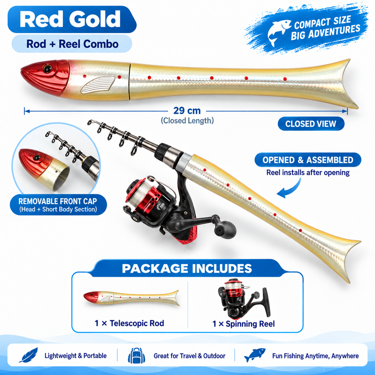 🐟 Fish-Shaped 1.6m Mini Fishing Rod Combo 🎣 Pocket Portable Rod + Spinning Reel Set for Ice & Bank Fishing 🌊