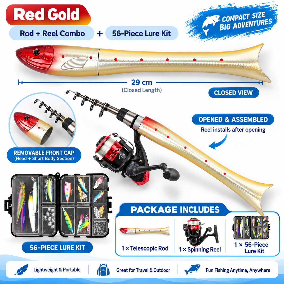🐟 Fish-Shaped 1.6m Mini Fishing Rod Combo 🎣 Pocket Portable Rod + Spinning Reel Set for Ice & Bank Fishing 🌊