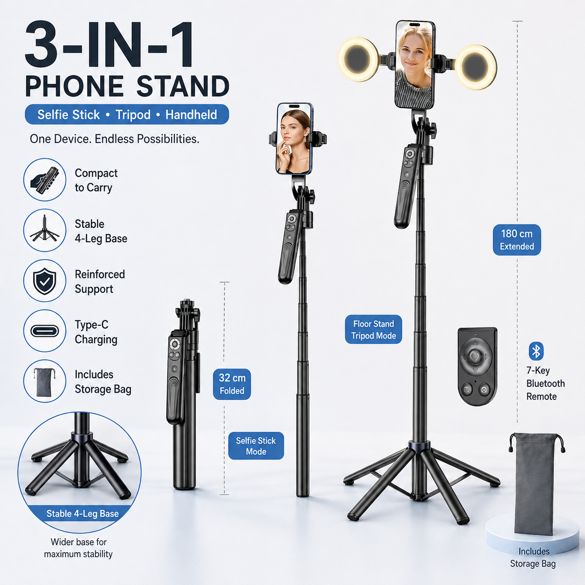 AI Face Tracking Selfie Stick Tripod – 360° Auto Tracking, 70.8" 4-Leg Stand with Dual Fill Lights & Wireless Mic Options