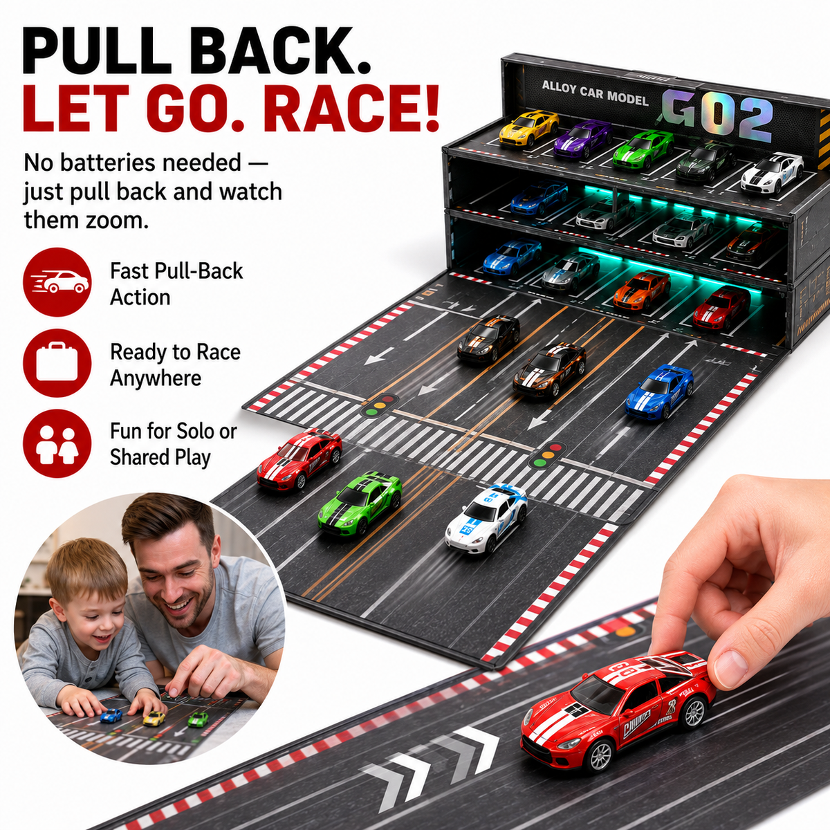 Fold-Out Toy Car Garage & Race Track Set – 24/48 Pull-Back Cars