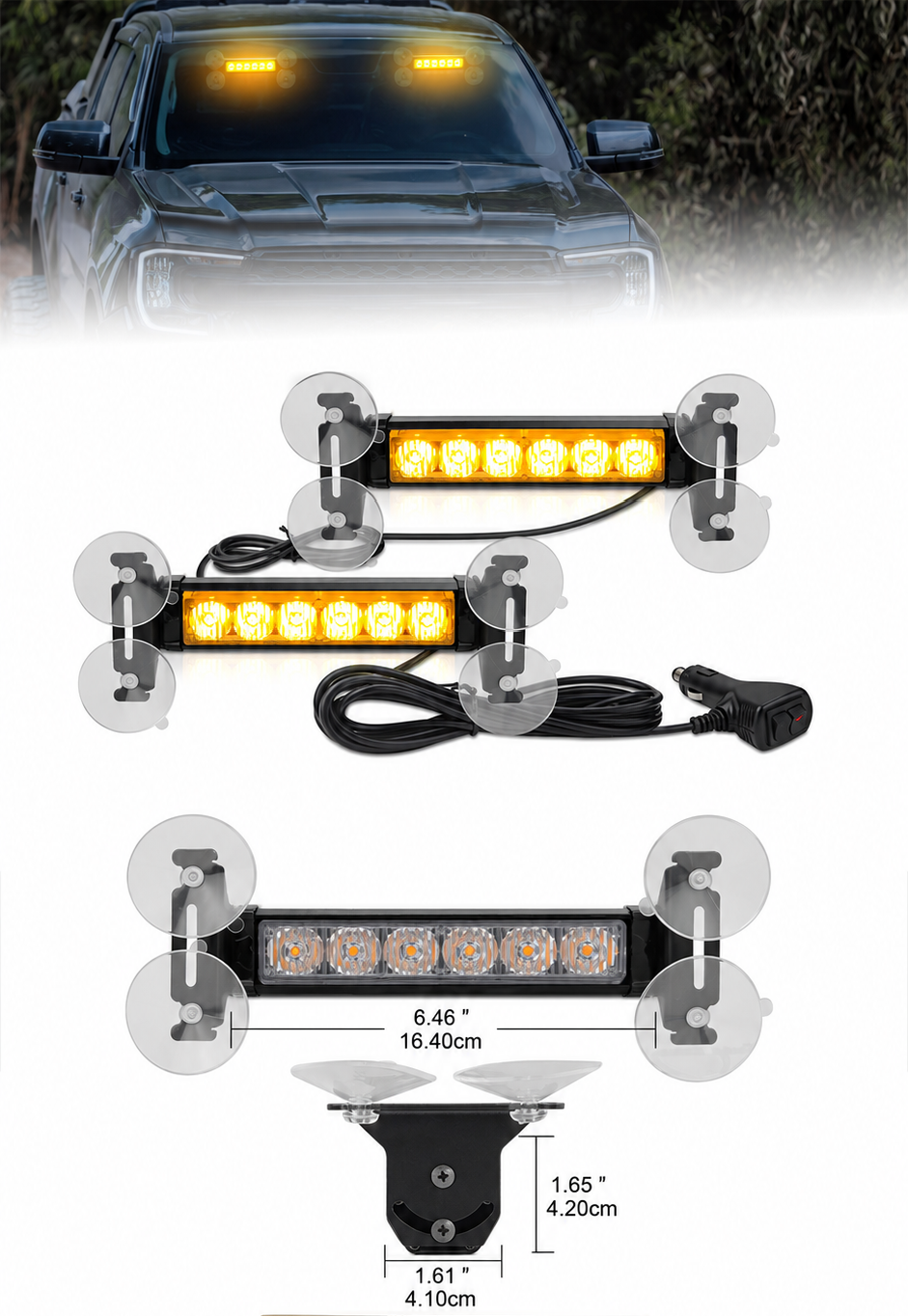 🚨 48-LED Amber & White Windshield Warning Light Bar – 26 Flash Modes