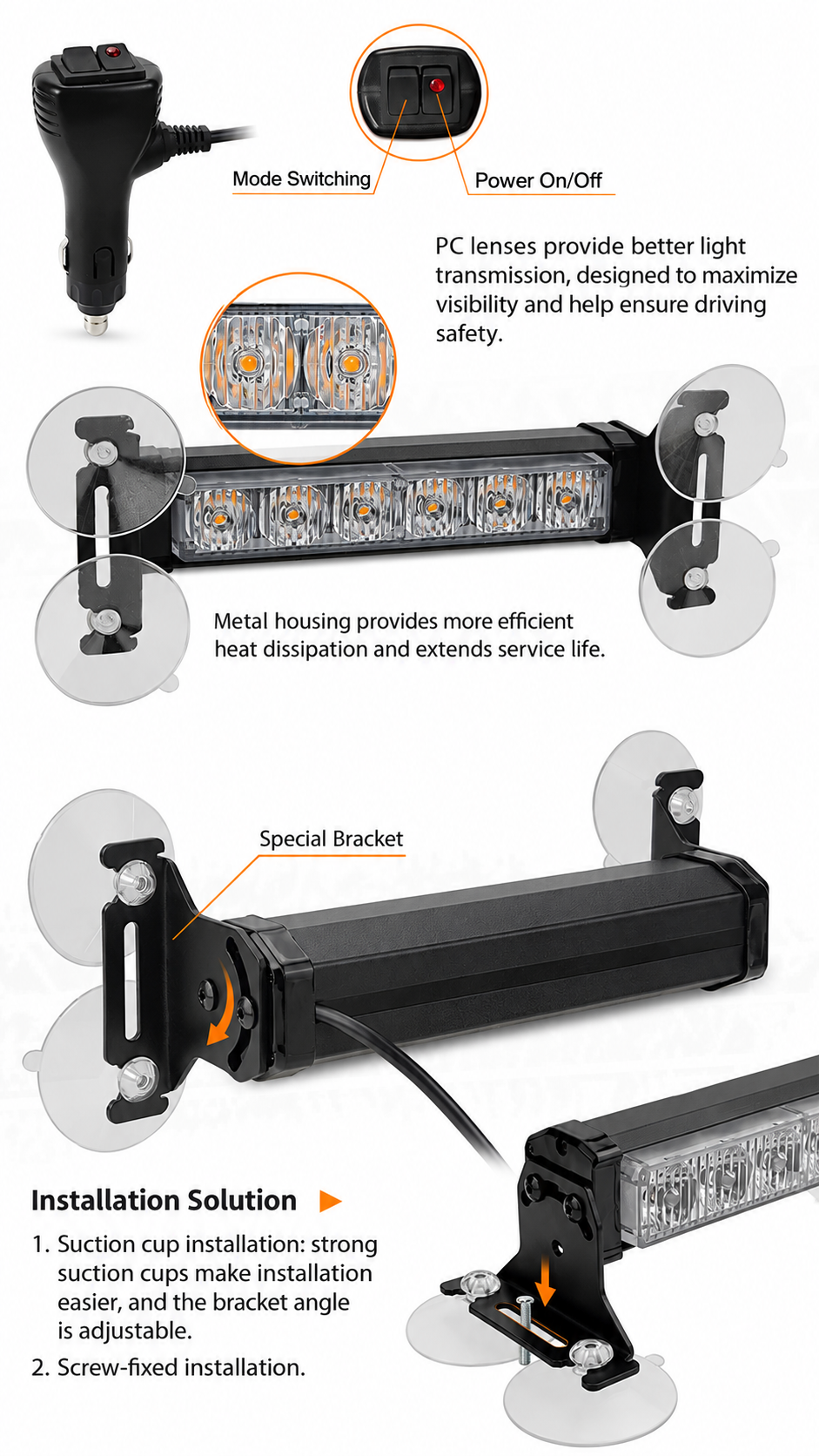 🚨 48-LED Amber & White Windshield Warning Light Bar – 26 Flash Modes