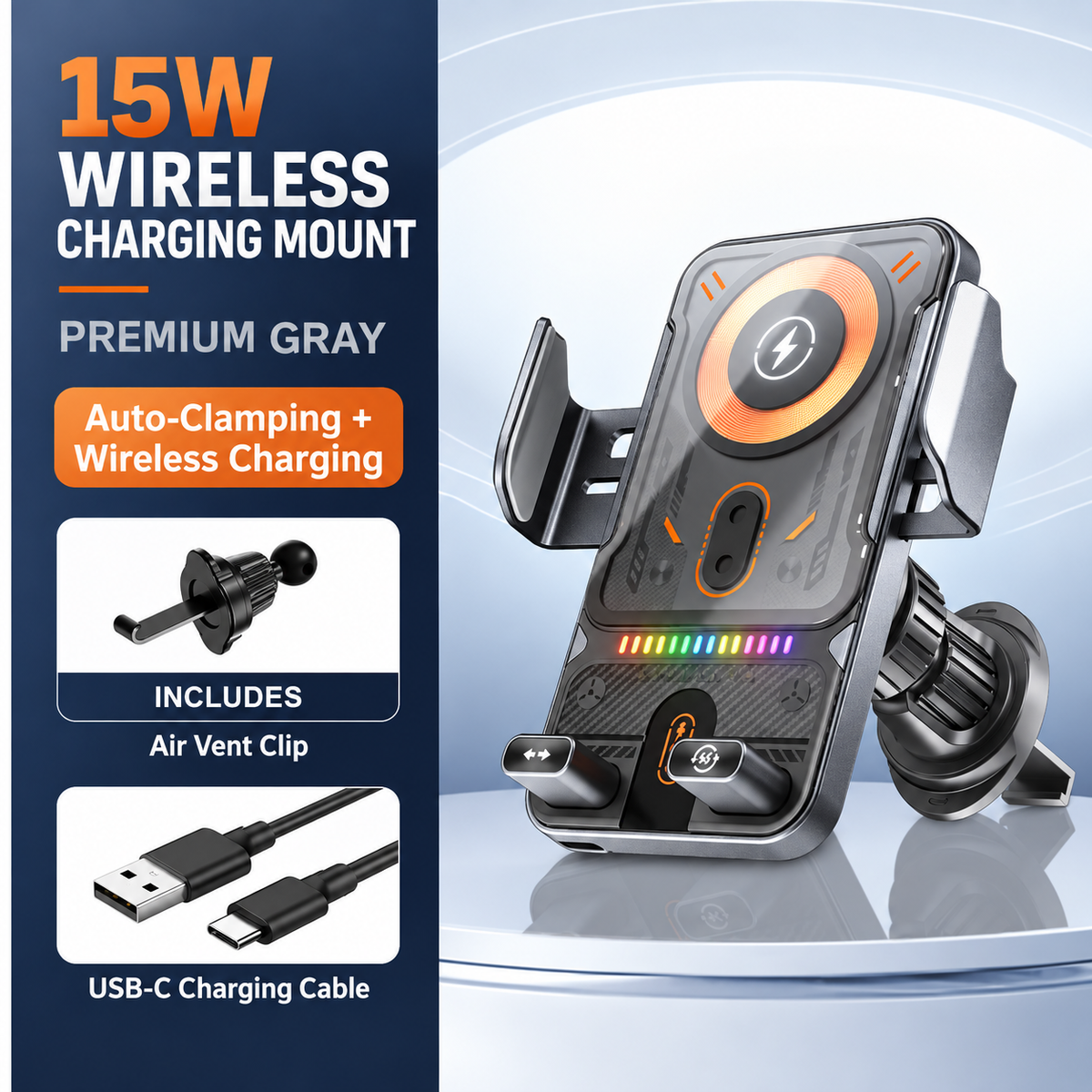 🔥 Smart 2-in-1 Car Phone Mount – 15W Wireless Charging & Auto-Rotating Grip