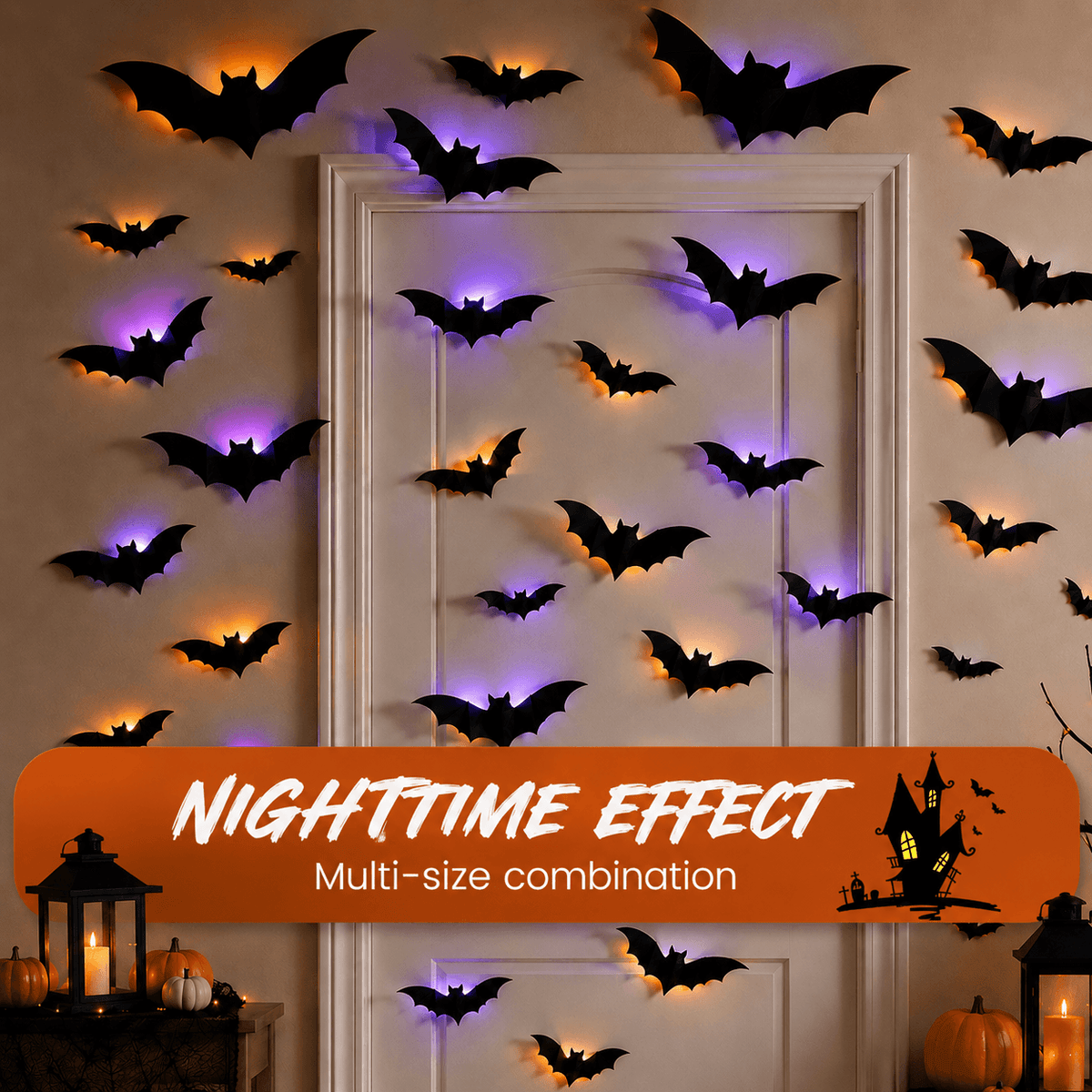 👻Halloween 🎃3D LED glowing bat wall decorations, 🔥various sizes of glowing scary bat decorative lights (12/24/48 per pack).