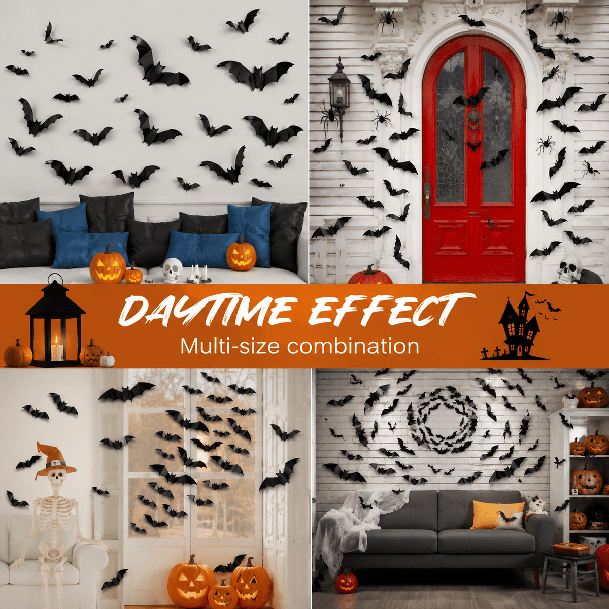 👻Halloween 🎃3D LED glowing bat wall decorations, 🔥various sizes of glowing scary bat decorative lights (12/24/48 per pack).