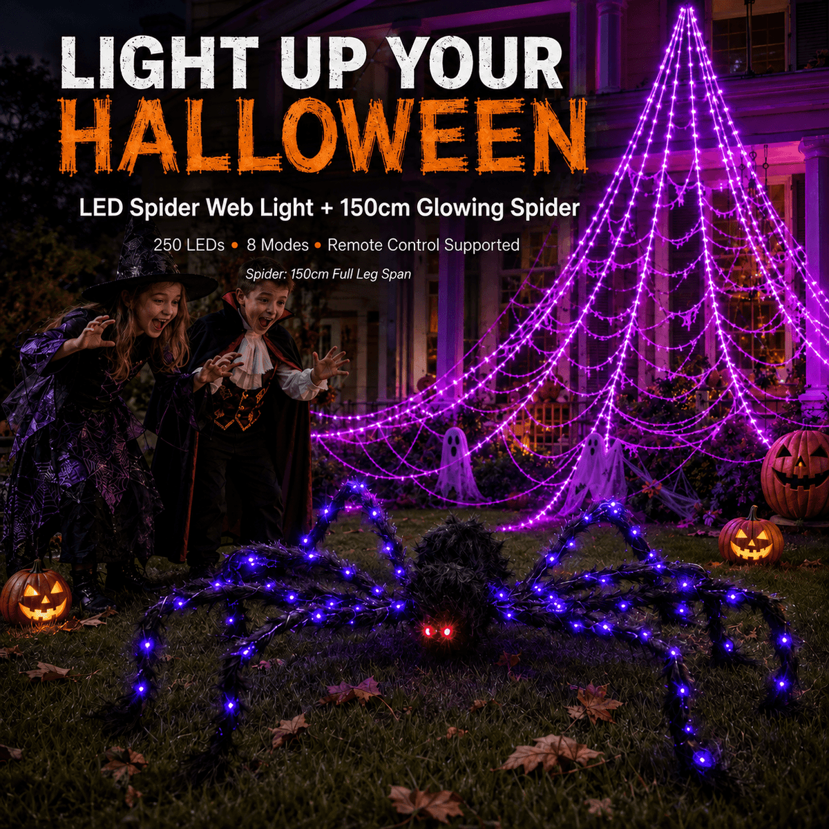 👻Halloween LED Spider Web Light & 150cm Glowing Spider Decoration🕸️ | 250 LEDs✨, 8 modes, remote control supported