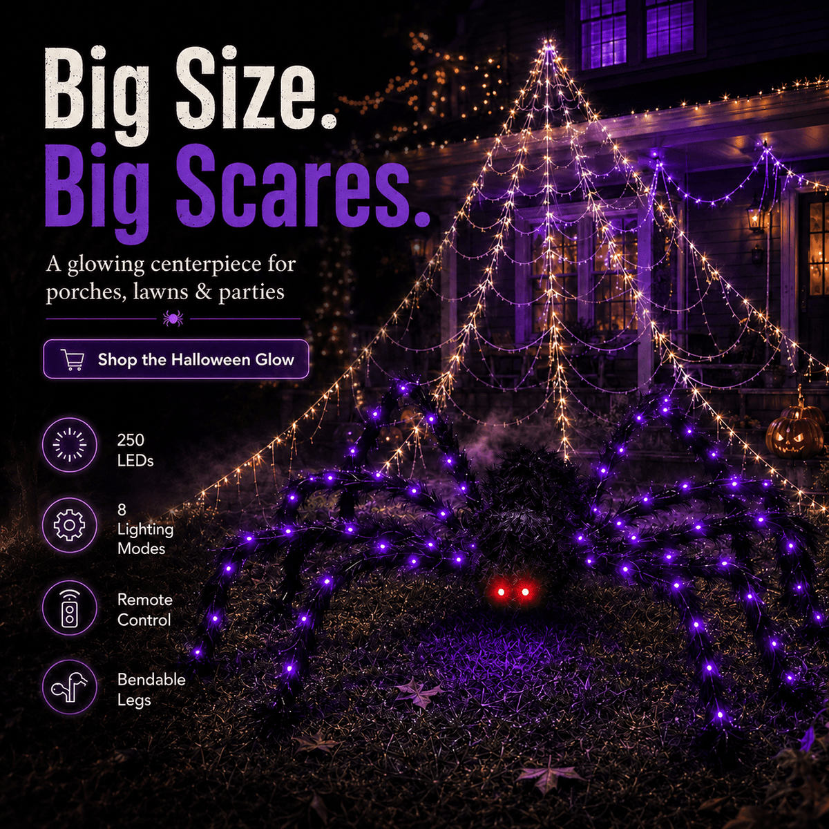 👻Halloween LED Spider Web Light & 150cm Glowing Spider Decoration🕸️ | 250 LEDs✨, 8 modes, remote control supported