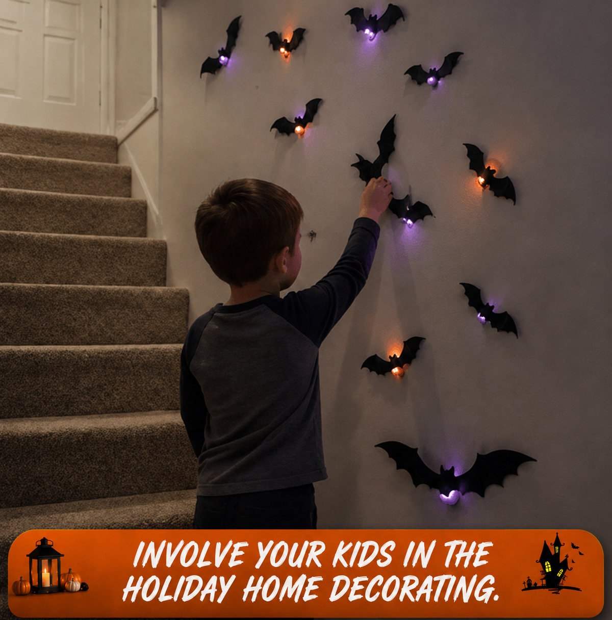 👻Halloween 🎃3D LED glowing bat wall decorations, 🔥various sizes of glowing scary bat decorative lights (12/24/48 per pack).