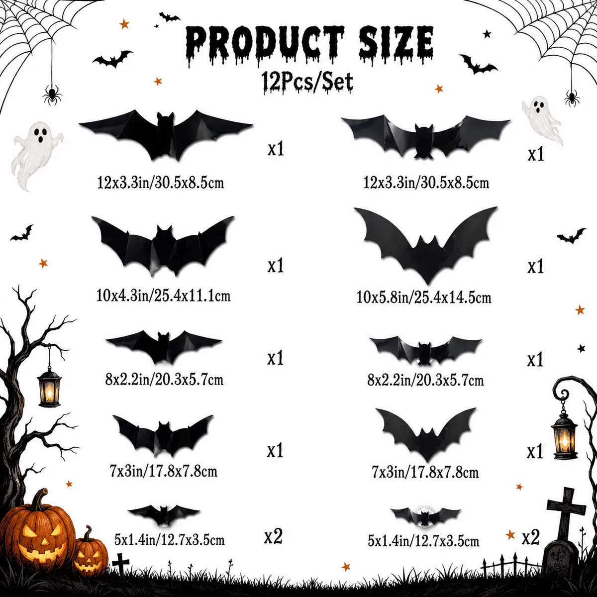 👻Halloween 🎃3D LED glowing bat wall decorations, 🔥various sizes of glowing scary bat decorative lights (12/24/48 per pack).