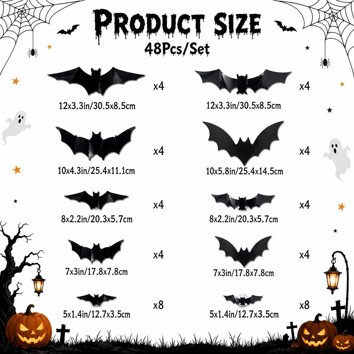 👻Halloween 🎃3D LED glowing bat wall decorations, 🔥various sizes of glowing scary bat decorative lights (12/24/48 per pack).
