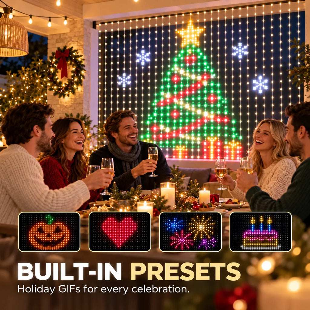 🎇Turn Any Window Into a Light Show.One Light Curtain. Endless Occasions.Create animated patterns, holiday scenes, custom messages and more — all from your phone.