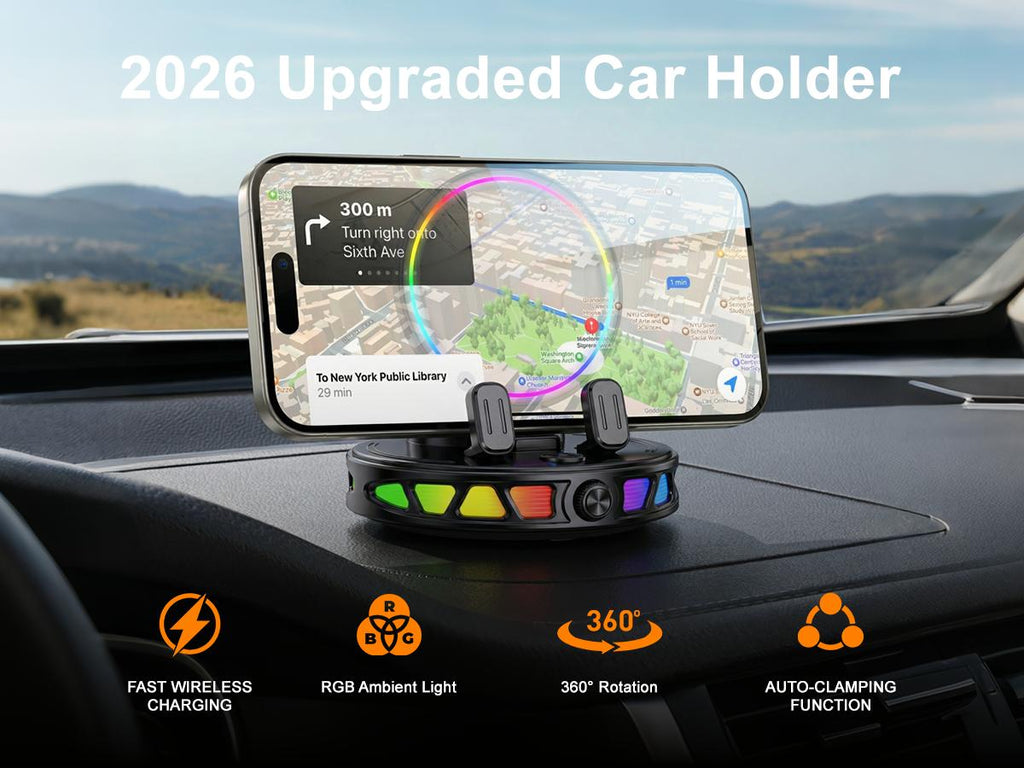 🔥 2026 Upgraded RGB Wireless Charging Car Phone Holder – 360° Rotating