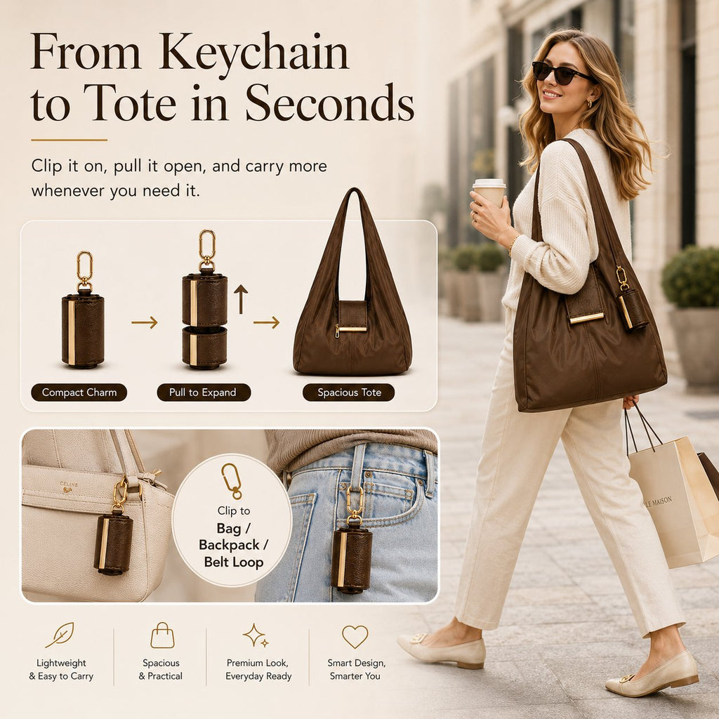 Transformable Keychain Tote – From Charm to Full-Size Bag in Seconds