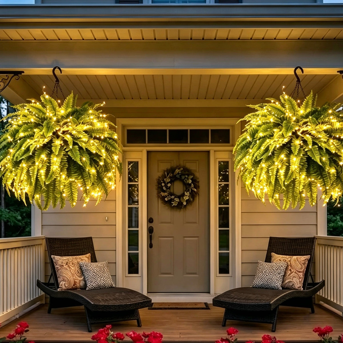 Glowing 88-Branch Boston Ferns with Lights – 48" long • 30" wide Zero Watering, Zero Maintenance
