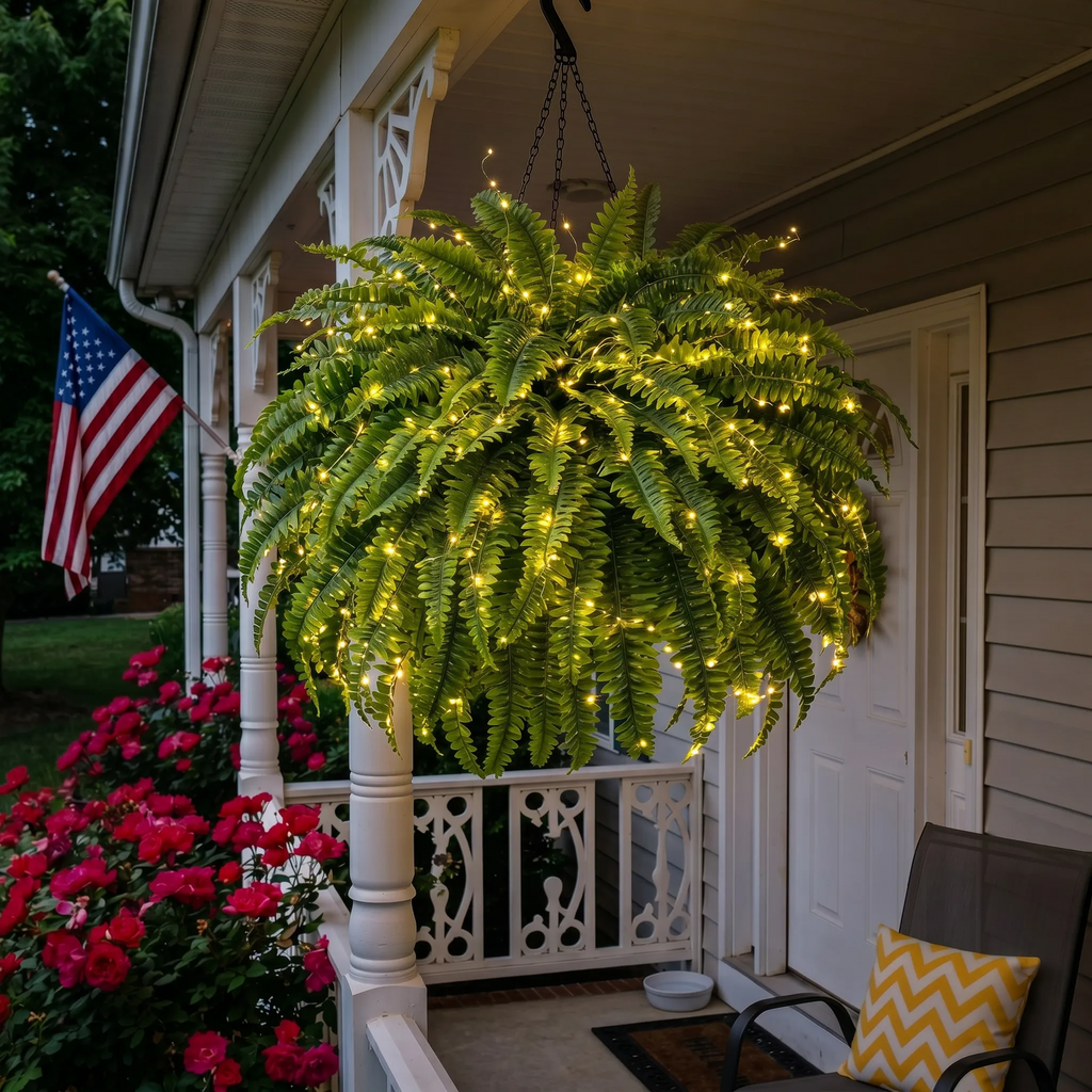 Glowing 88-Branch Boston Ferns with Lights – 48" long • 30" wide Zero Watering, Zero Maintenance