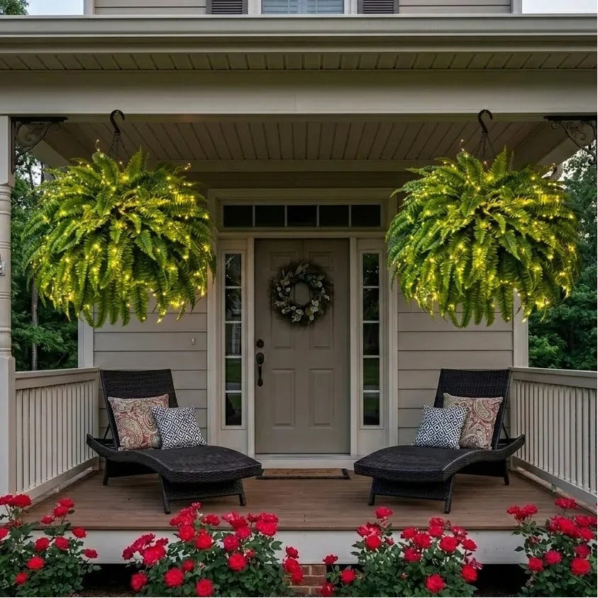 Glowing 88-Branch Boston Ferns with Lights – 48" long • 30" wide Zero Watering, Zero Maintenance