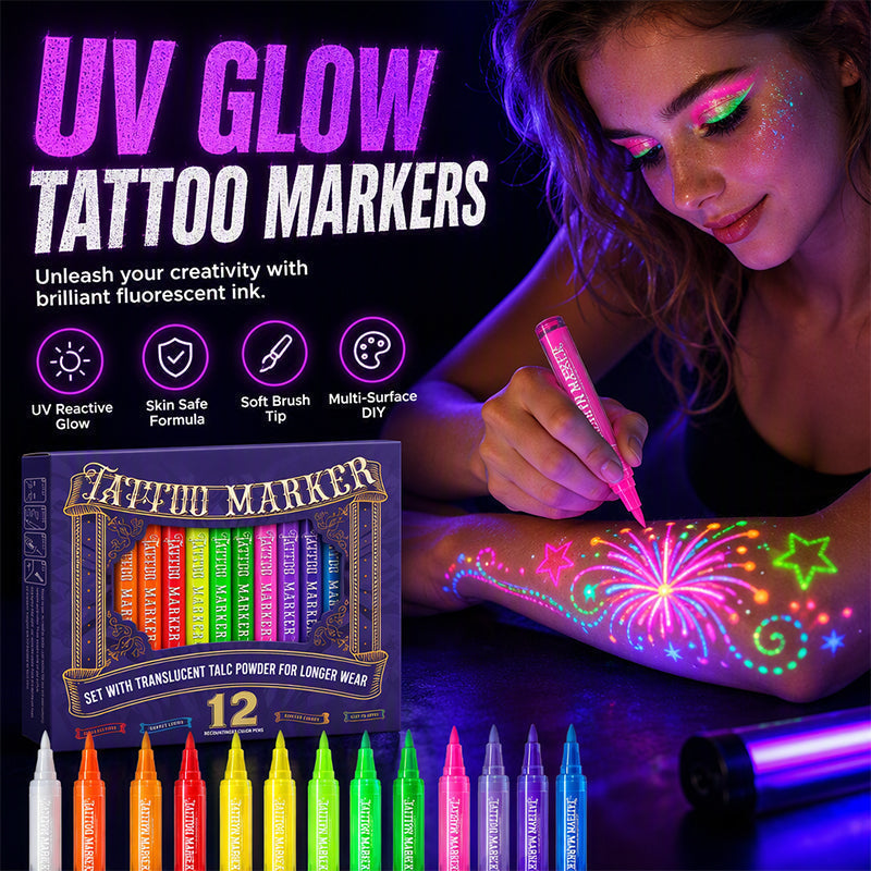 UV Glow Tattoo Markers 12 Pack ✨ — Fluorescent Body Art Pens That Glow Under Black Light, Skin-Safe Brush Tip for Halloween, Rave & Festival 🌙🖍️