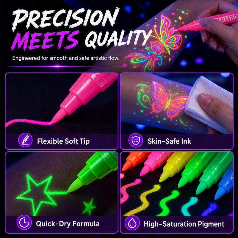 UV Glow Tattoo Markers 12 Pack ✨ — Fluorescent Body Art Pens That Glow Under Black Light, Skin-Safe Brush Tip for Halloween, Rave & Festival 🌙🖍️