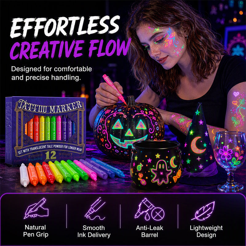 UV Glow Tattoo Markers 12 Pack ✨ — Fluorescent Body Art Pens That Glow Under Black Light, Skin-Safe Brush Tip for Halloween, Rave & Festival 🌙🖍️