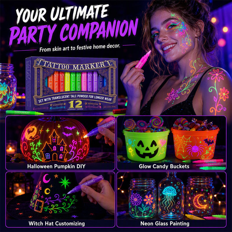 UV Glow Tattoo Markers 12 Pack ✨ — Fluorescent Body Art Pens That Glow Under Black Light, Skin-Safe Brush Tip for Halloween, Rave & Festival 🌙🖍️