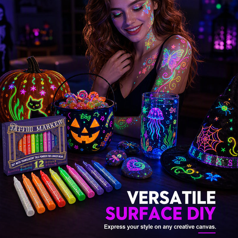 UV Glow Tattoo Markers 12 Pack ✨ — Fluorescent Body Art Pens That Glow Under Black Light, Skin-Safe Brush Tip for Halloween, Rave & Festival 🌙🖍️