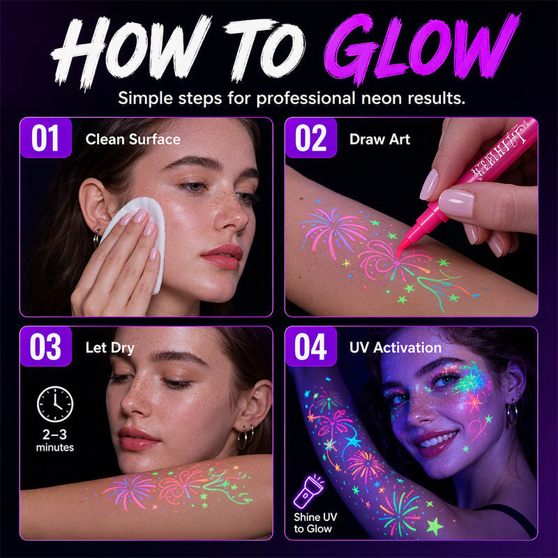 UV Glow Tattoo Markers 12 Pack ✨ — Fluorescent Body Art Pens That Glow Under Black Light, Skin-Safe Brush Tip for Halloween, Rave & Festival 🌙🖍️