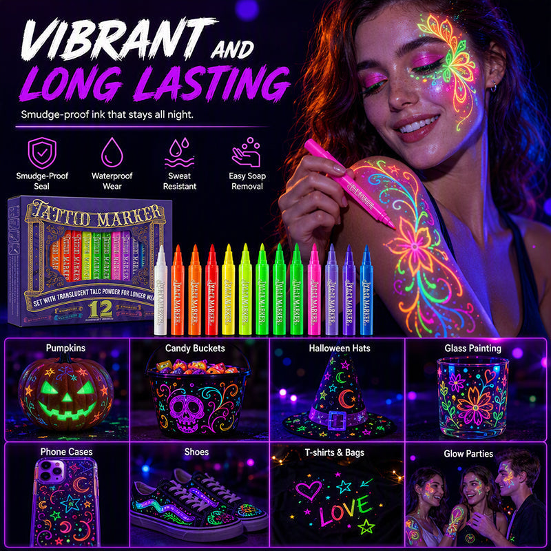 UV Glow Tattoo Markers 12 Pack ✨ — Fluorescent Body Art Pens That Glow Under Black Light, Skin-Safe Brush Tip for Halloween, Rave & Festival 🌙🖍️