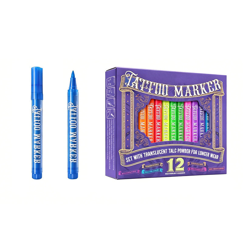 UV Glow Tattoo Markers 12 Pack ✨ — Fluorescent Body Art Pens That Glow Under Black Light, Skin-Safe Brush Tip for Halloween, Rave & Festival 🌙🖍️